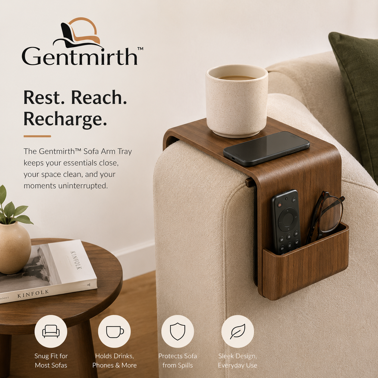 Gentmirth™ ArmDock Luxe – Sofa Side Storage Tray