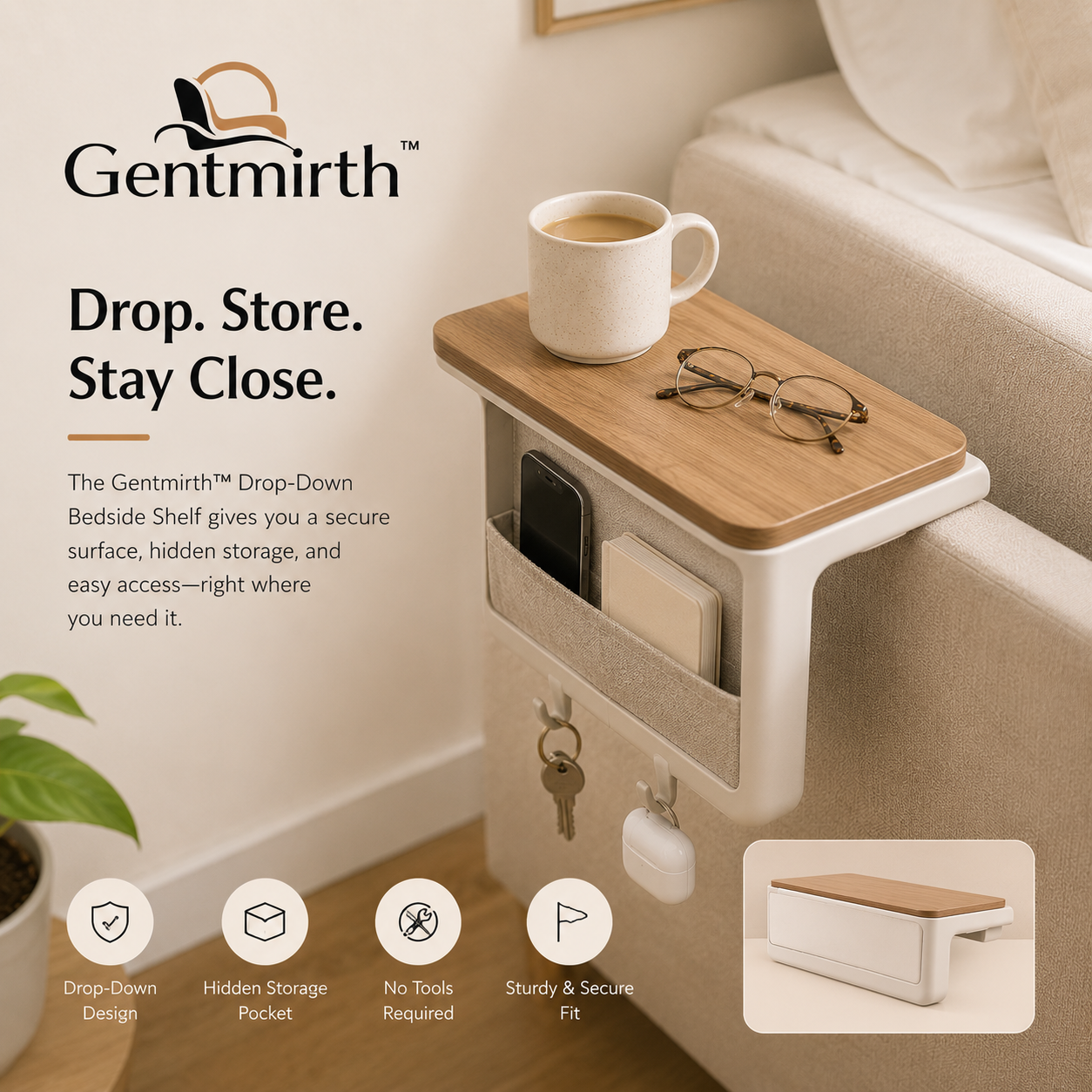 Gentmirth™ SlideNest Wall-Edge Bedside Shelf System